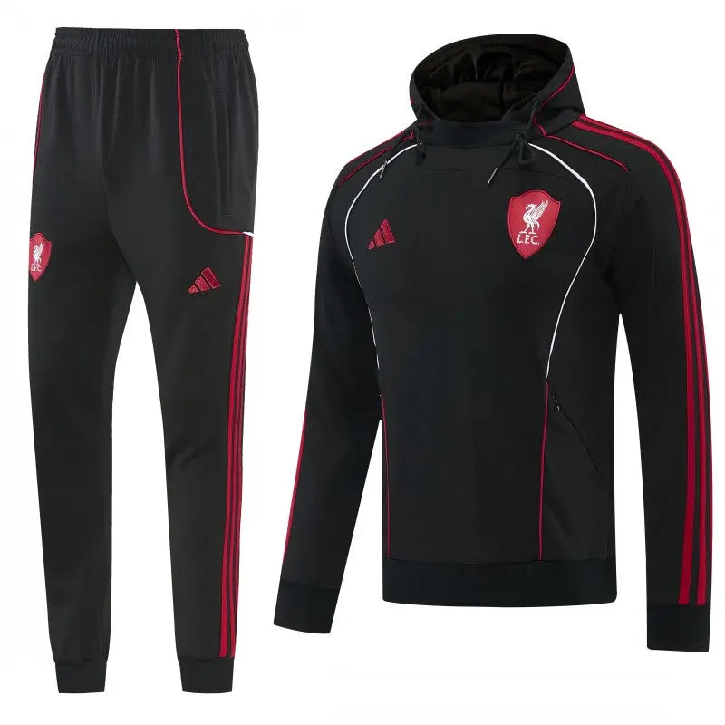Kit Survêtement Sweat à Capuche Liverpool Noir et Rouge