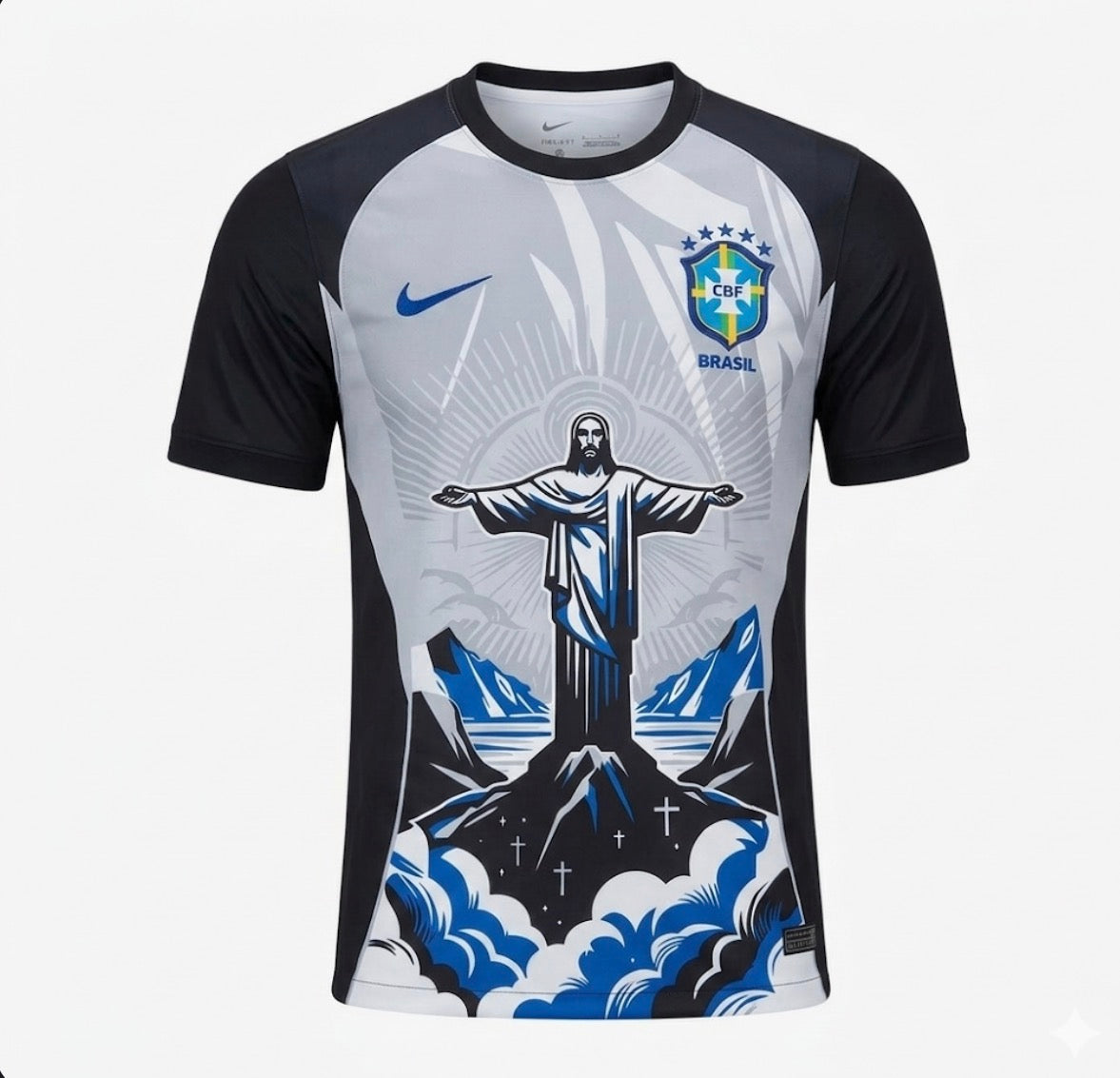 Maillot Brésil Christ Concept Bleu et Noir 2026 Fábrica das Tailandesas